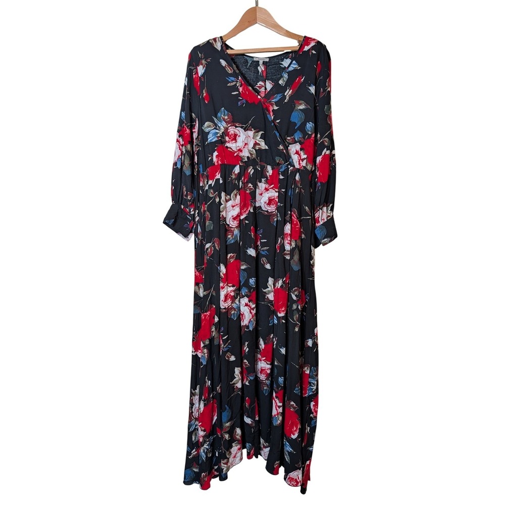 Jodifl Women Black Floral Maxi Dress Long Sleeve V-Neck Tie Waist Size L J1830